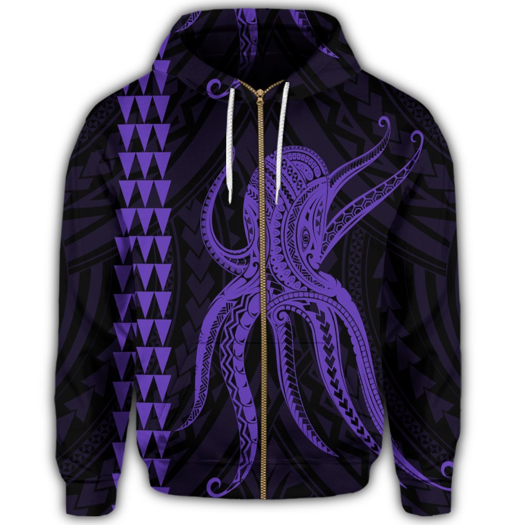 Hawaii Octopus KaKau Polynesian Zip Hoodie Purple - Polynesian Pride