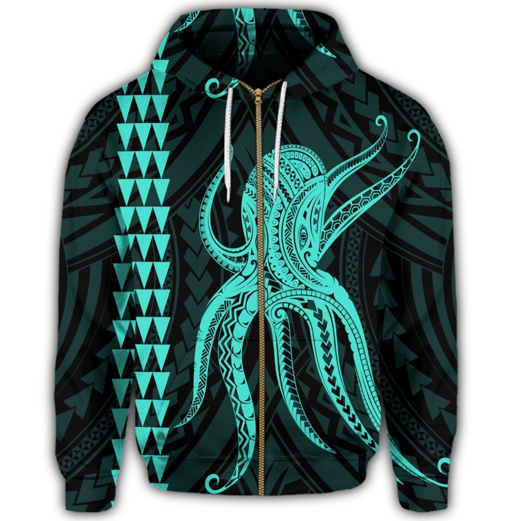 Hawaii Octopus KaKau Polynesian Zip Hoodie Turquoise - Polynesian Pride
