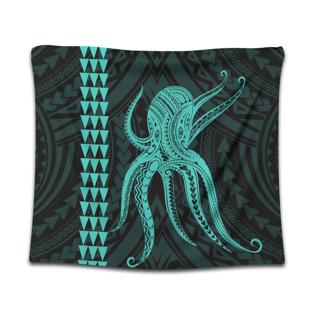 Hawaii Octopus KaKau Polynesian Tapestry - Turquoise - AH Wall Tapestry Black - Polynesian Pride