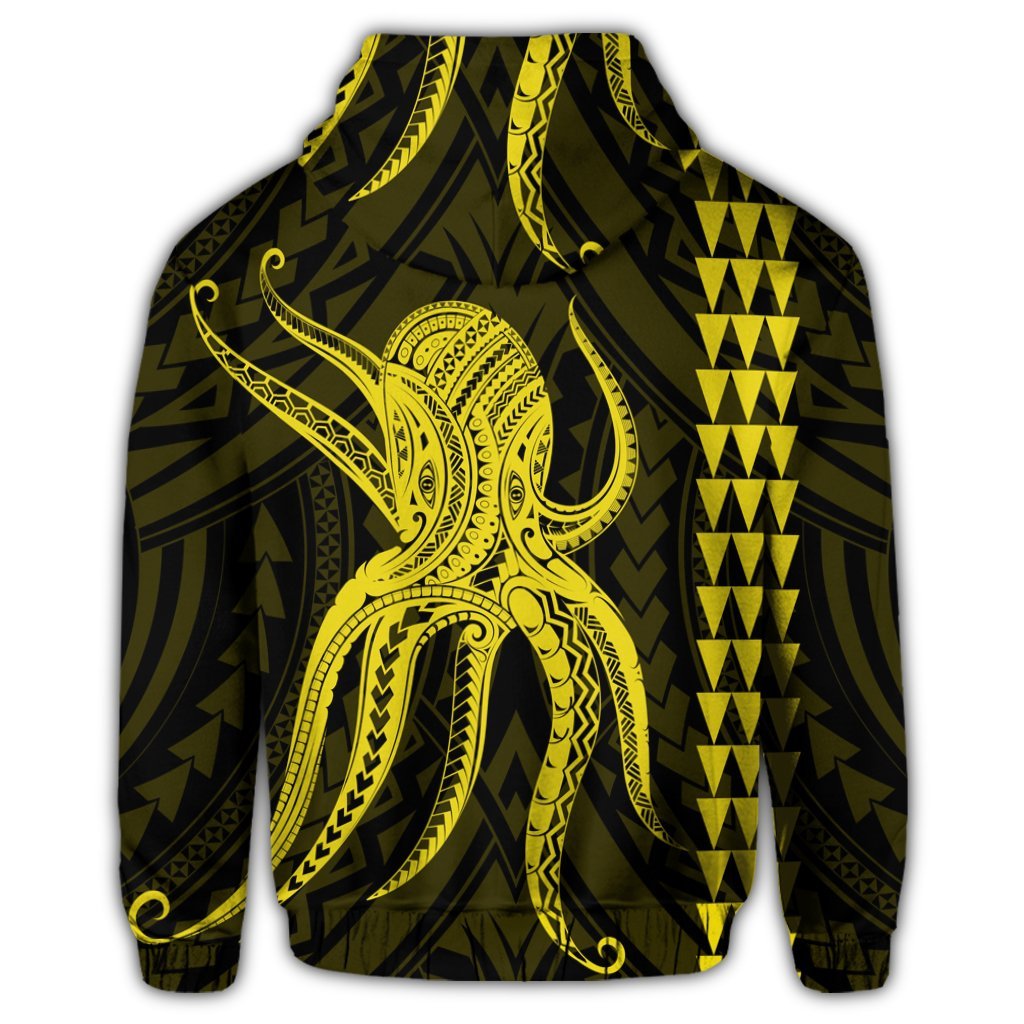 Hawaii Octopus KaKau Polynesian Zip Hoodie Yellow - Polynesian Pride