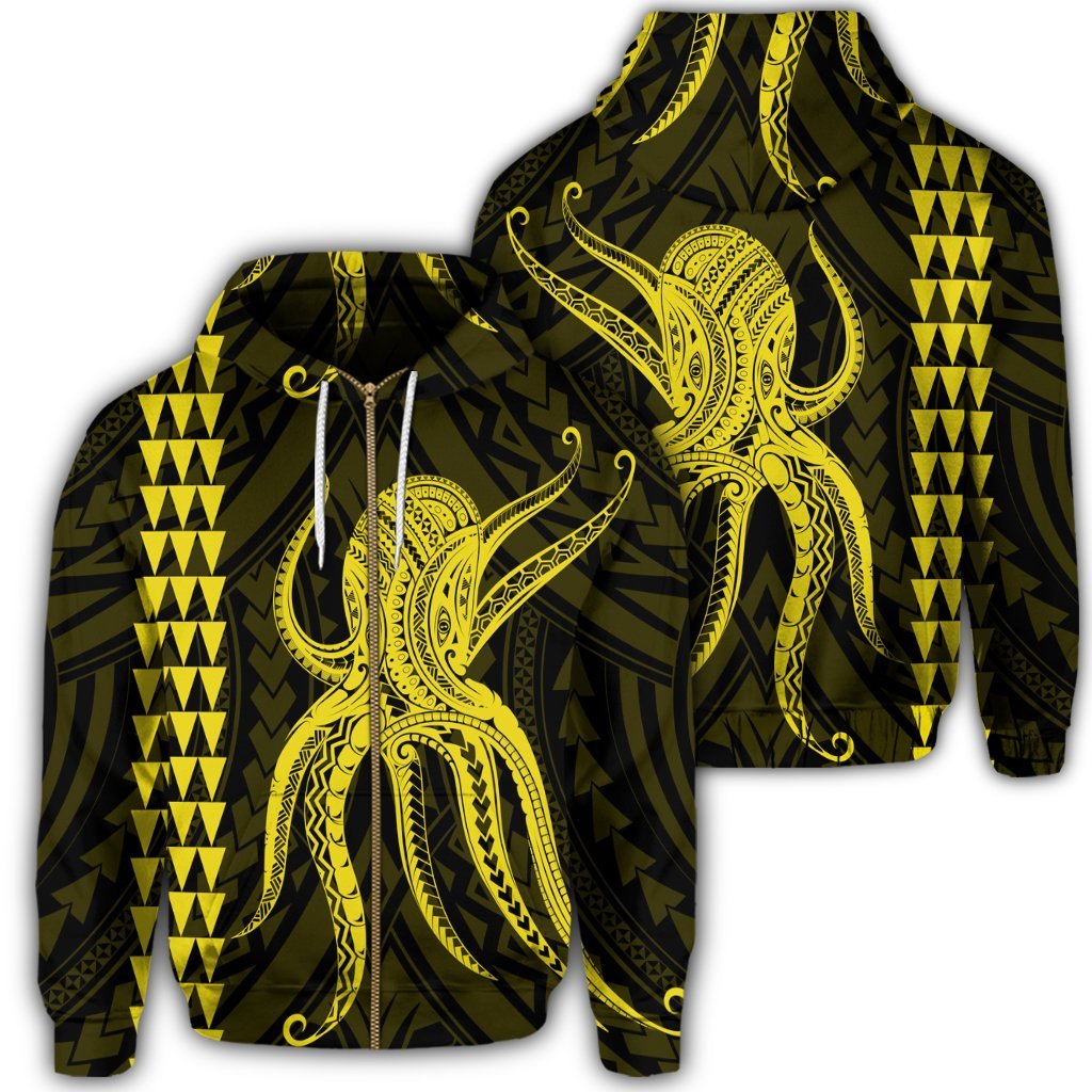 Hawaii Octopus KaKau Polynesian Zip Hoodie Yellow Unisex Art - Polynesian Pride