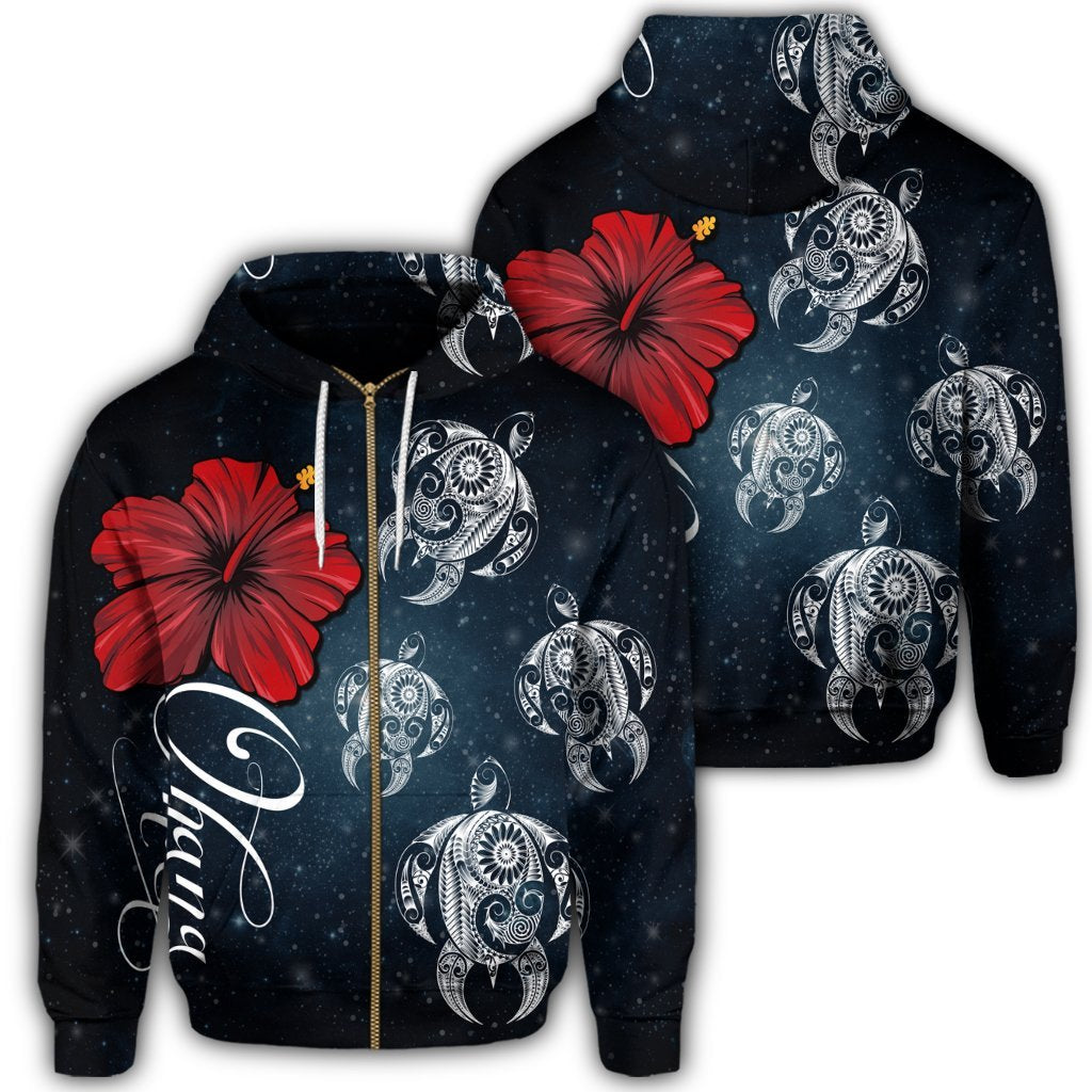 Hawaii Ohana Turtle Hibiscus Galaxy Zip Hoodie Unisex Art - Polynesian Pride