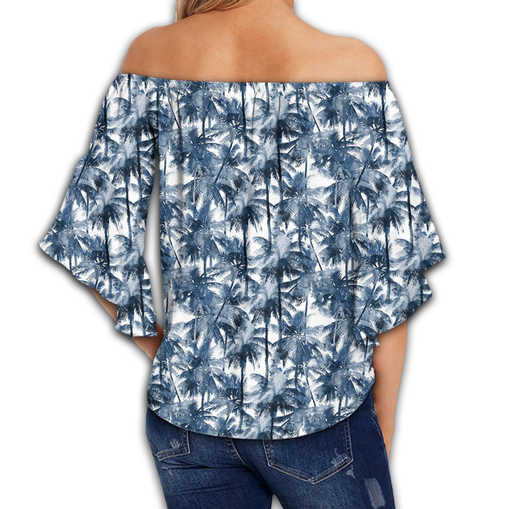 Hawaii Palm Trees And Tropical Branches Women's Off Shoulder Wrap Waist Top - AH - Polynesian Pride