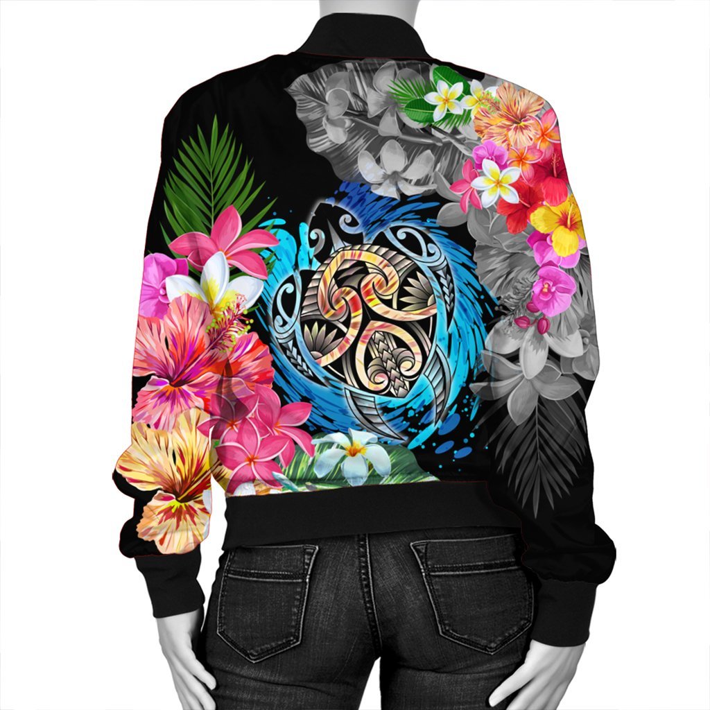 Hawaii Plumeria Hibiscus Wave Turtle Bomber Jacket - AH - Polynesian Pride