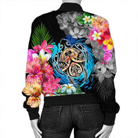 Hawaii Plumeria Hibiscus Wave Turtle Bomber Jacket - AH - Polynesian Pride