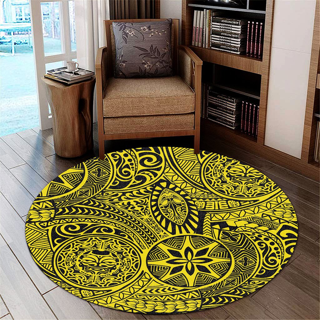 Hawaii Polynesian Hawaiian Style Tribal Tattoo Yellow Round Carpet - AH Round Carpet Luxurious Plush - Polynesian Pride