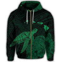 Hawaii Polynesian Hibiscus Turtle Map Zip Hoodie Green - Polynesian Pride