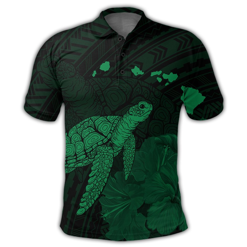 Hawaii Polynesian Hibiscus Turtle Map Polo Shirt Green - Polynesian Pride
