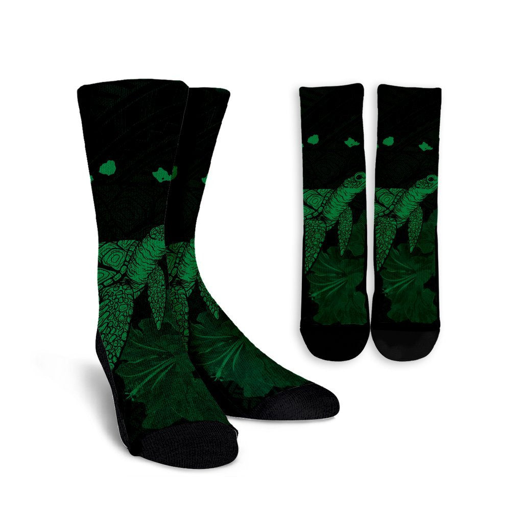 Hawaii Polynesian Hibiscus Turtle Map Crew Socks Green - AH Crew Socks White - Polynesian Pride