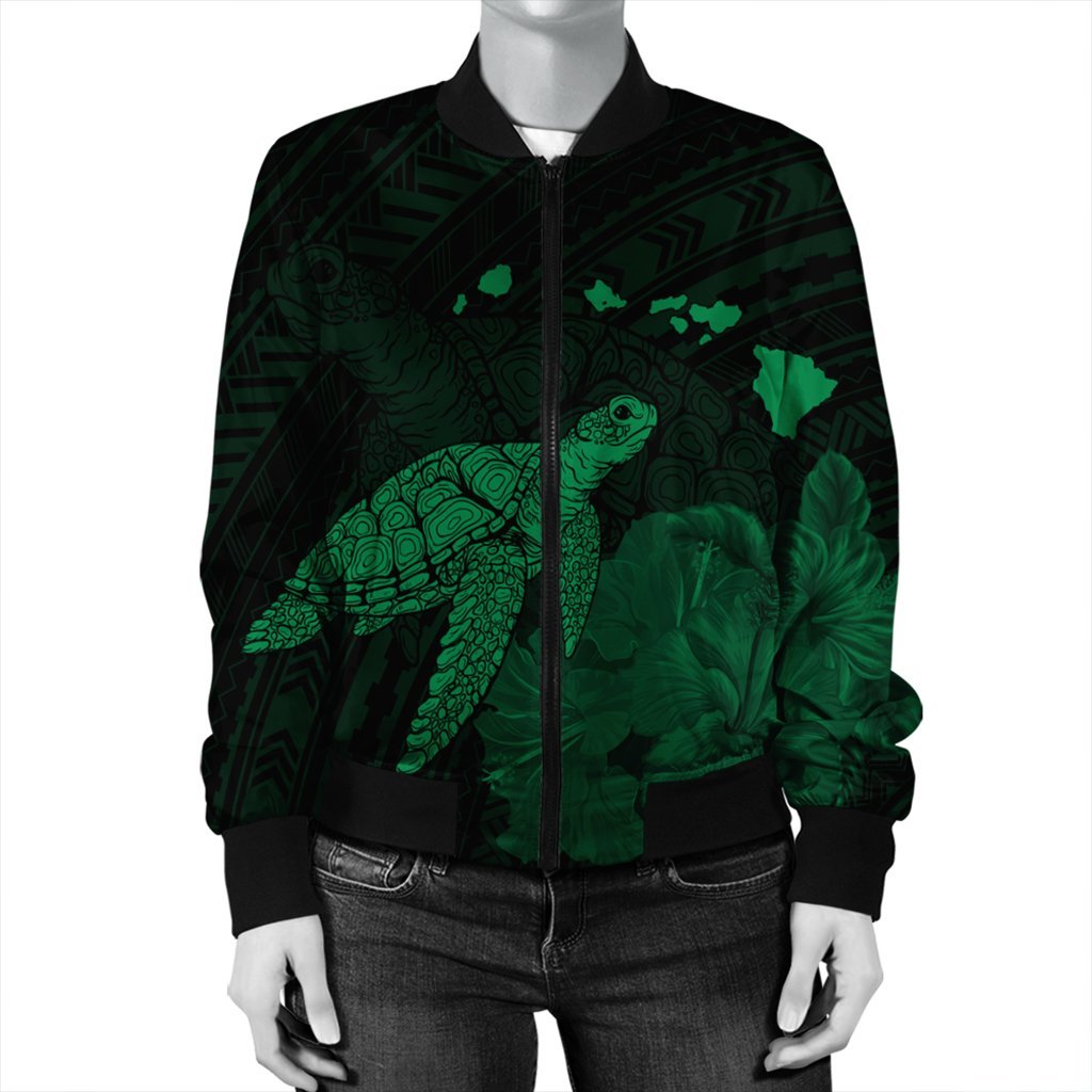 Hawaii Polynesian Hibiscus Turtle Map Bomber Jacket Green - AH - Polynesian Pride