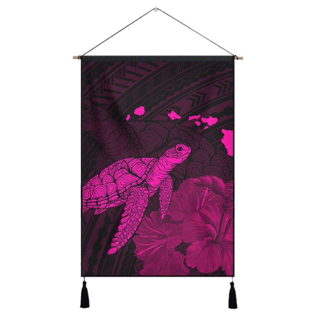 Hawaii Polynesian Hibiscus Turtle Map Hanging Poster Pink - AH Hanging Poster Cotton And Linen - Polynesian Pride