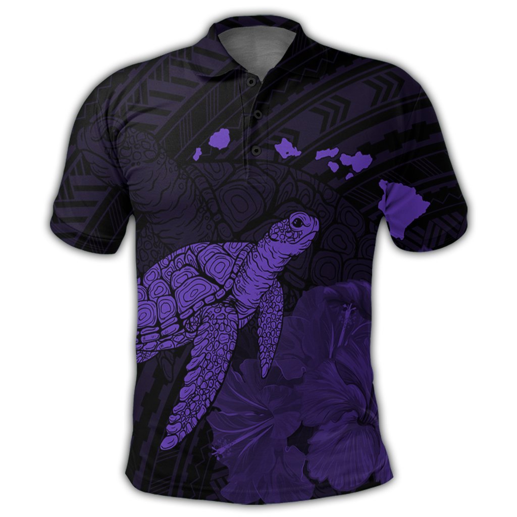 Hawaii Polynesian Hibiscus Turtle Map Polo Shirt Purple - Polynesian Pride
