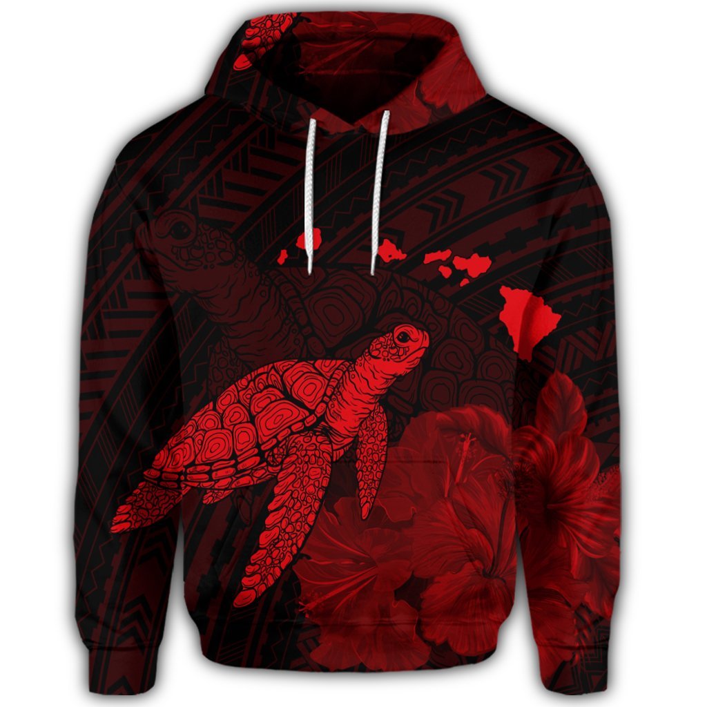 Hawaiian Polynesian Hibiscus Turtle Map Hoodie Red - Polynesian Pride