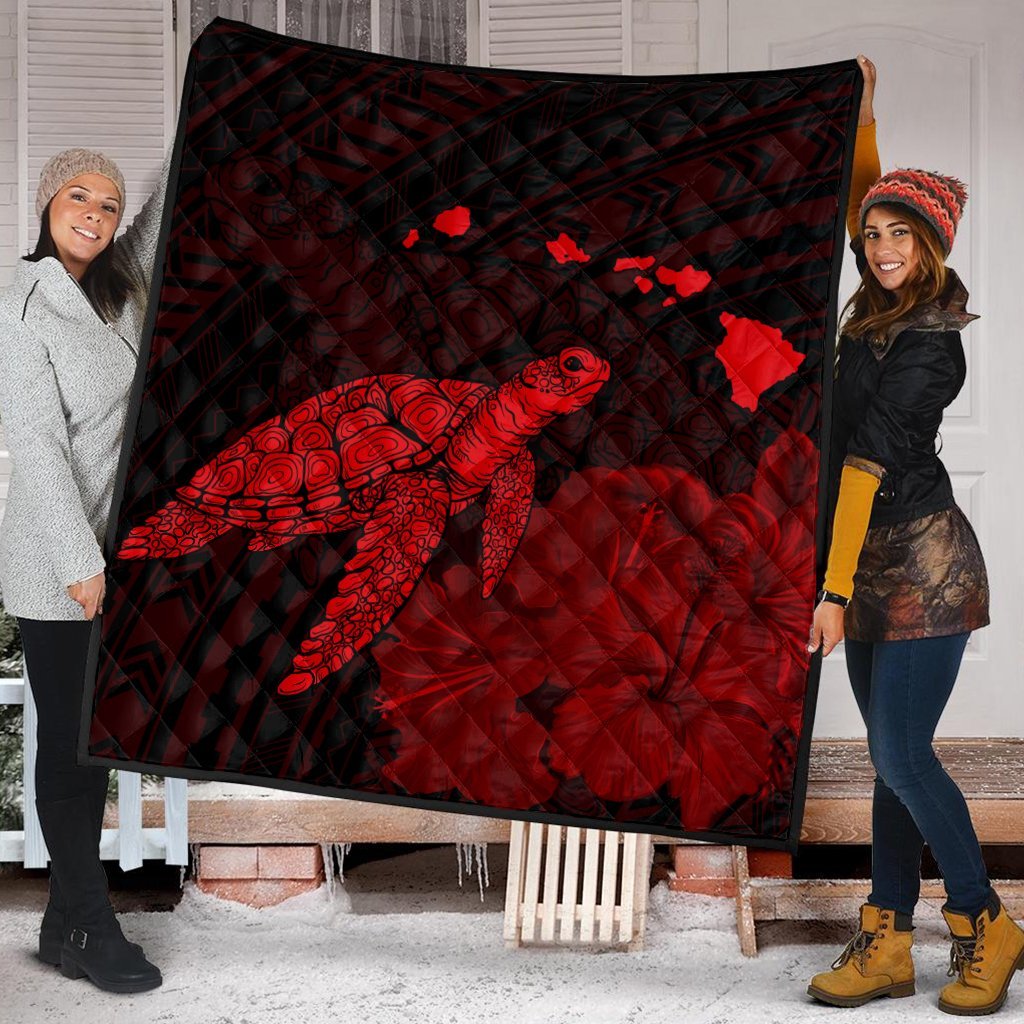 Hawaii Polynesian Hibiscus Turtle Map Premium Quilts Red - AH - Polynesian Pride