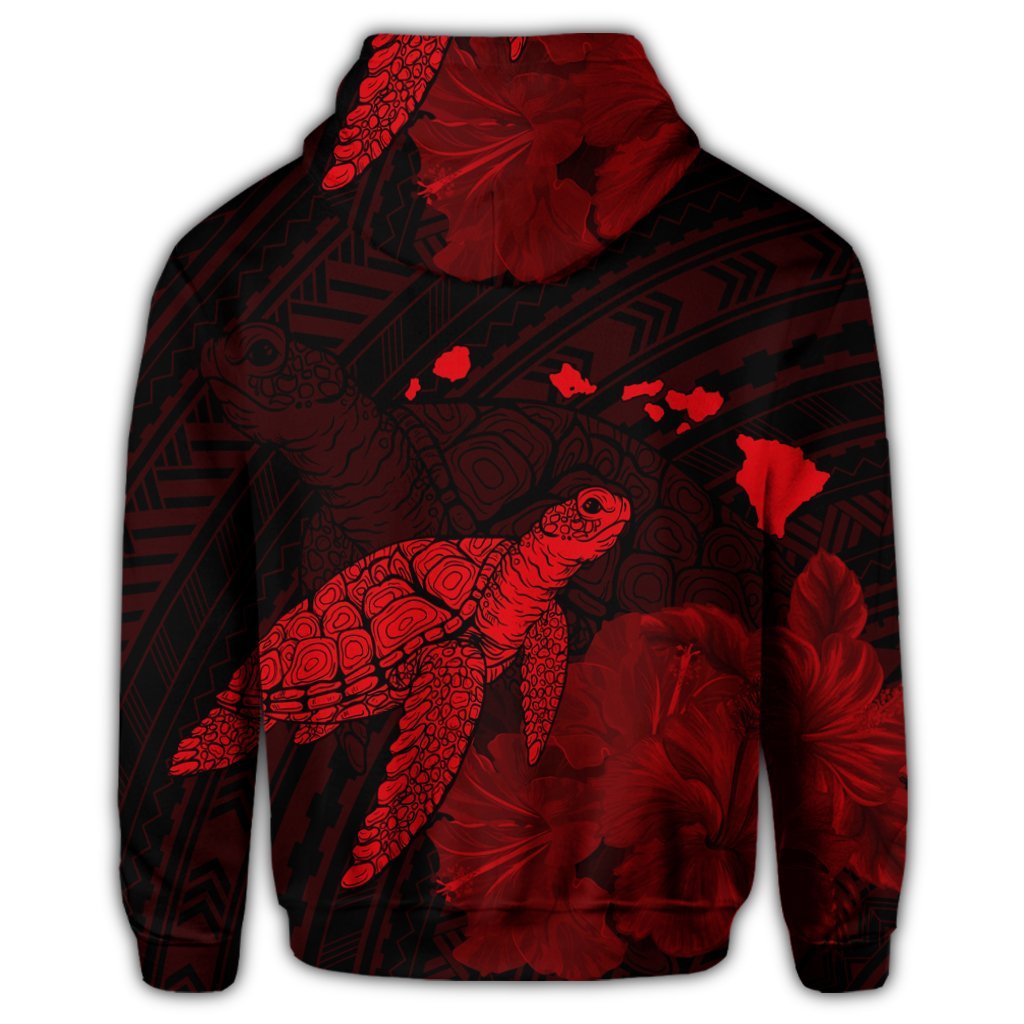 Hawaiian Polynesian Hibiscus Turtle Map Hoodie Red - Polynesian Pride
