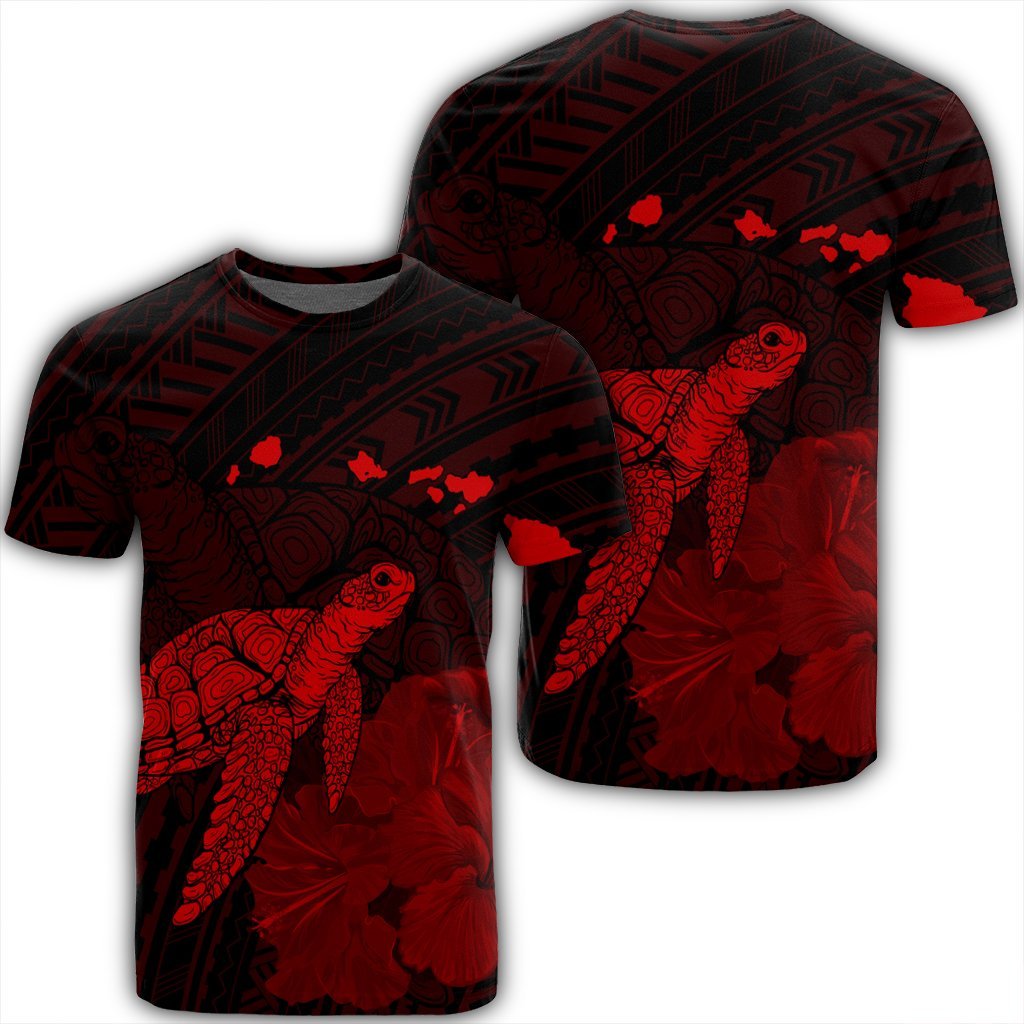Hawaii Polynesian Hibiscus Turtle Map T Shirt Red Unisex Black - Polynesian Pride
