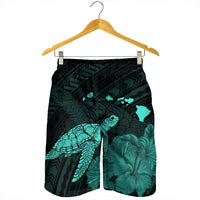 Hawaii Polynesian Hibiscus Turtle Map Men's Shorts Turquoise - AH - Polynesian Pride