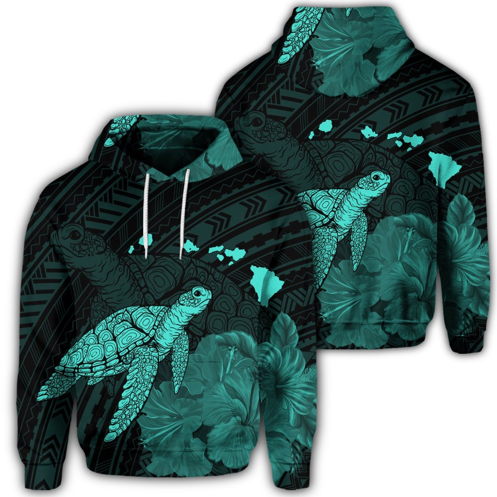Hawaiian Polynesian Hibiscus Turtle Map Hoodie Turquoise Unisex Art - Polynesian Pride