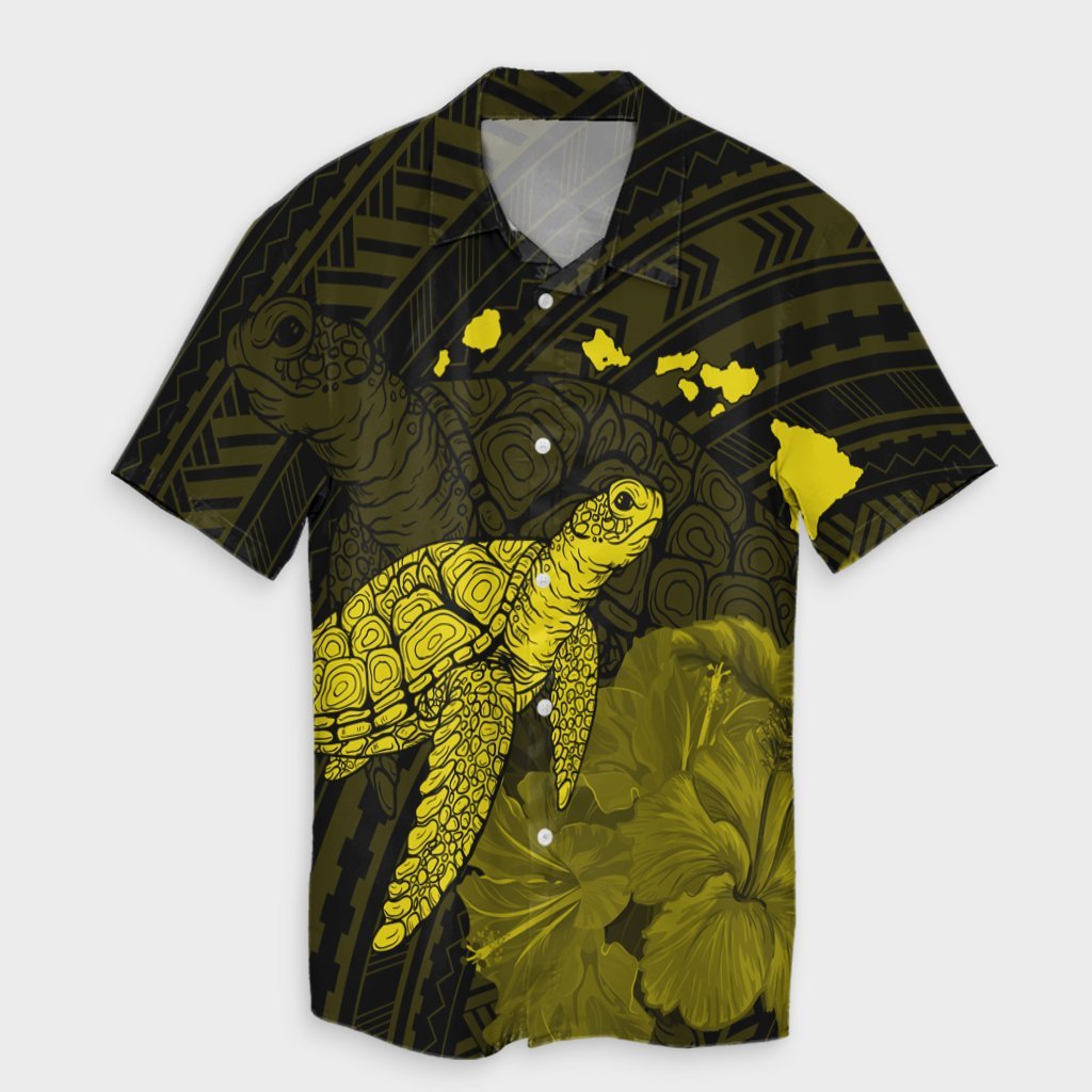 Hawaii Polynesian Hibiscus Turtle Map Hawaiian Shirt Yellow - AH Unisex Black - Polynesian Pride