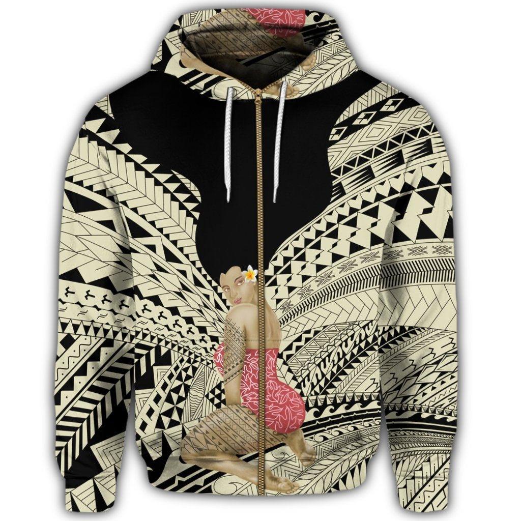 Hawaii Polynesian Hula Girl Wearing Plumeria Zip Hoodie - Polynesian Pride