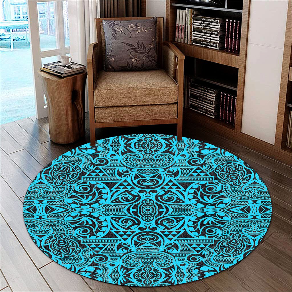 Hawaii Polynesian Kakau Turtle Blue Round Carpet - AH Round Carpet Luxurious Plush - Polynesian Pride