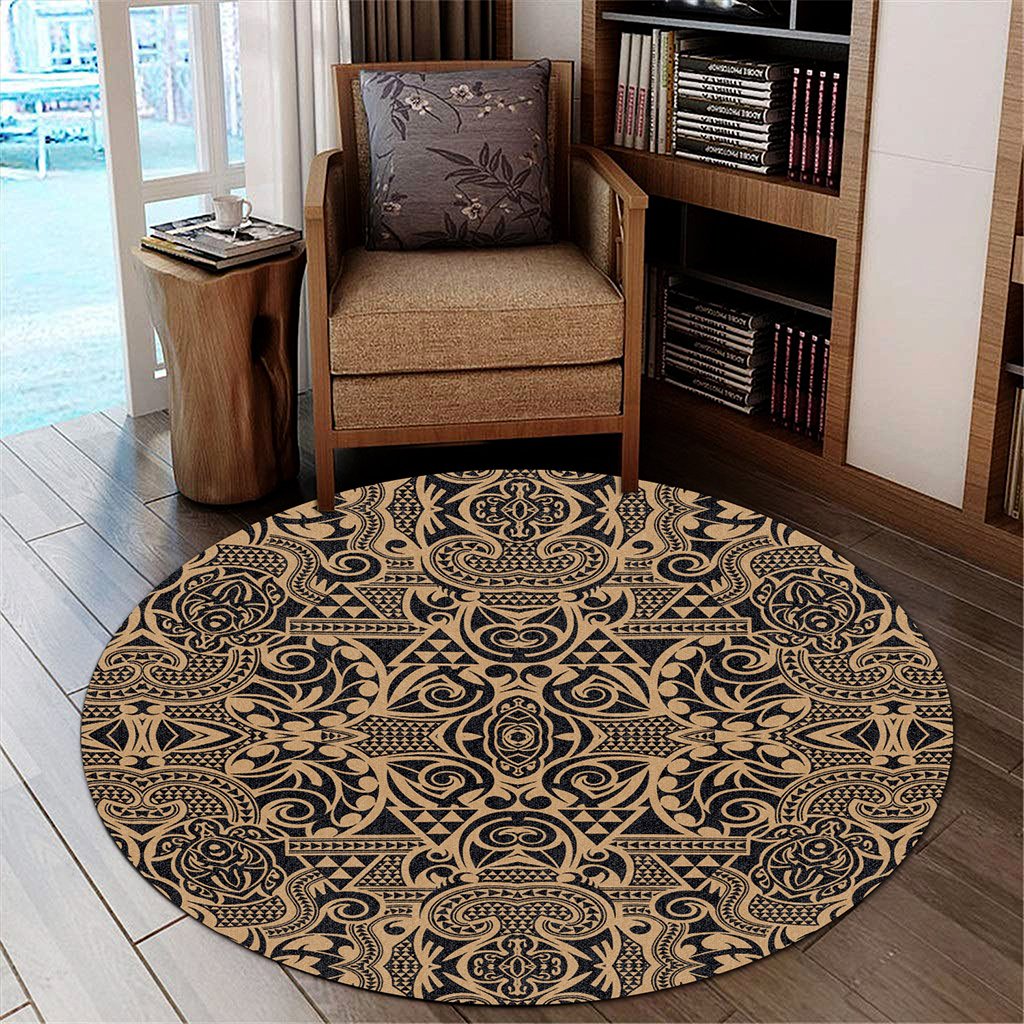 Hawaii Polynesian Kakau Turtle Gold Round Carpet - AH Round Carpet Luxurious Plush - Polynesian Pride