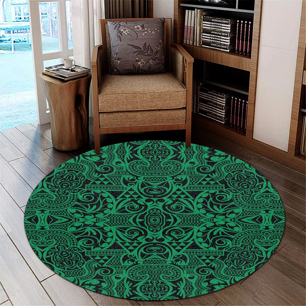 Hawaii Polynesian Kakau Turtle Green Round Carpet - AH Round Carpet Luxurious Plush - Polynesian Pride