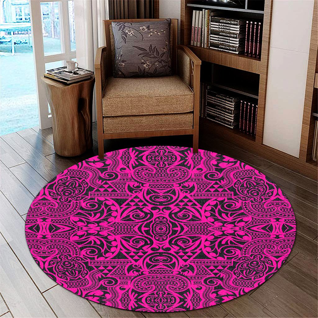 Hawaii Polynesian Kakau Turtle Pink Round Carpet - AH Round Carpet Luxurious Plush - Polynesian Pride