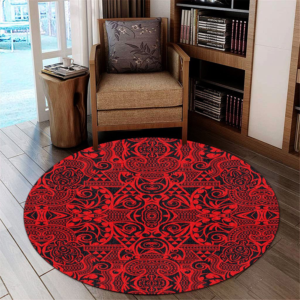 Hawaii Polynesian Kakau Turtle Red Round Carpet - AH Round Carpet Luxurious Plush - Polynesian Pride