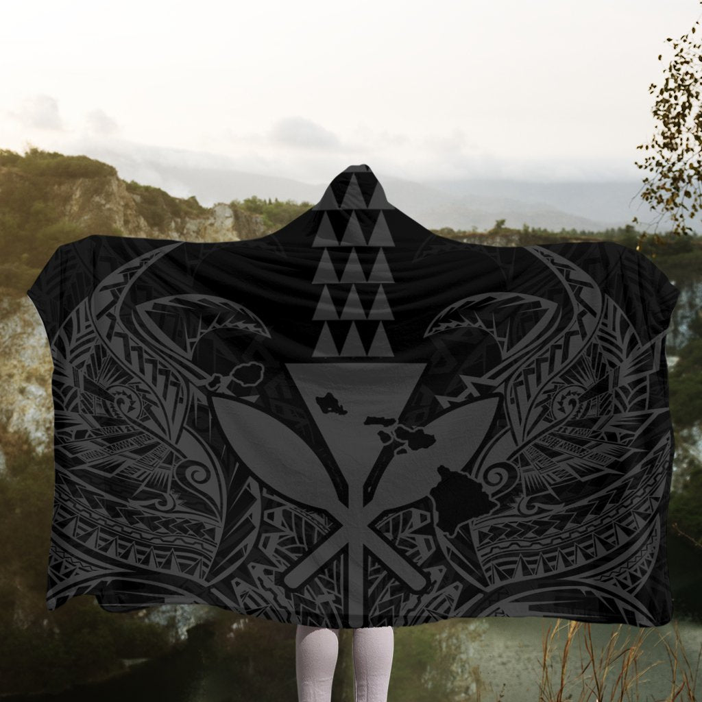 Hawaii Polynesian Kanaka Kakau Hooded Blanket - Alan Style Gray - AH - Polynesian Pride