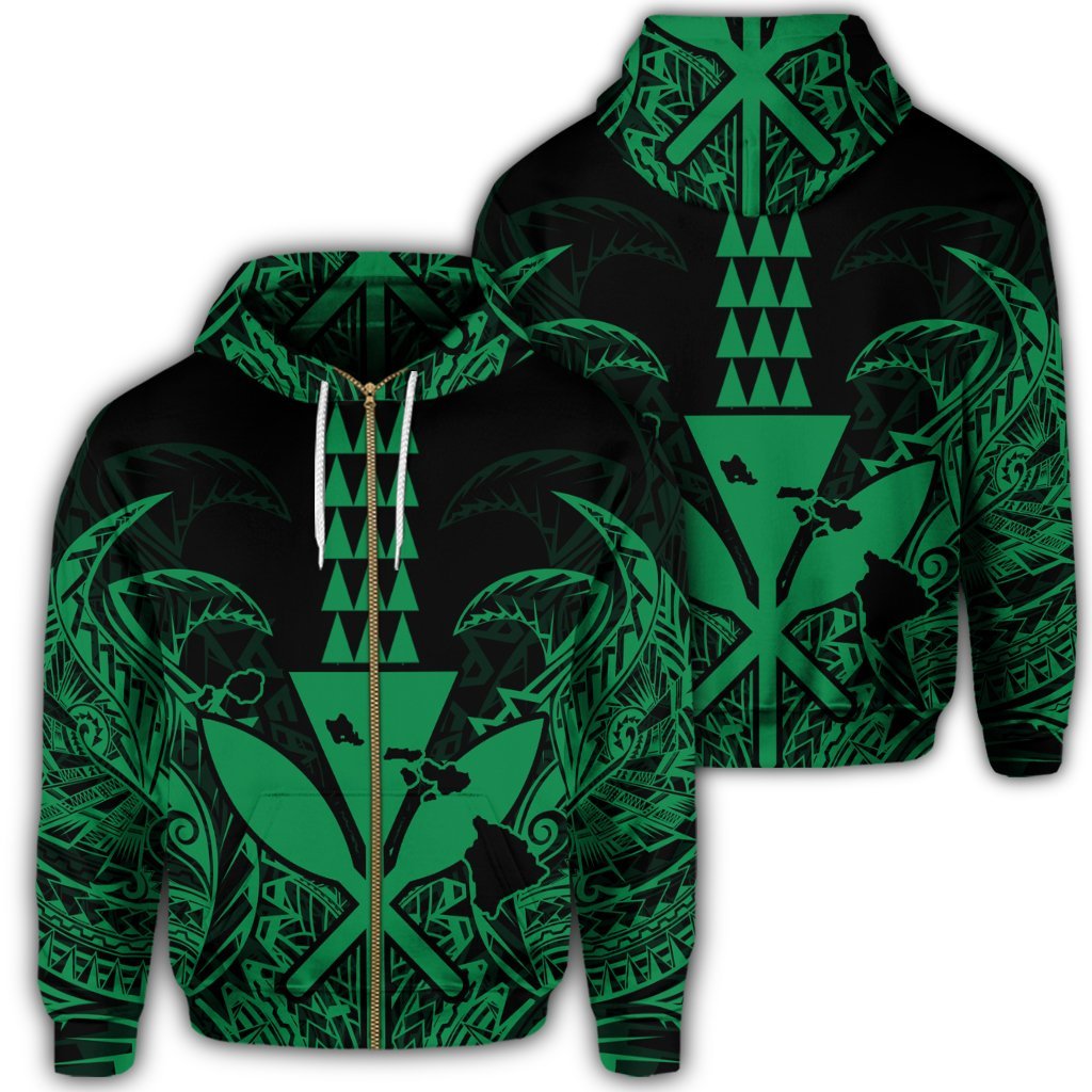 Hawaii Polynesian Zip Hoodie Kanaka Kakau Alan Style Green Unisex Art - Polynesian Pride