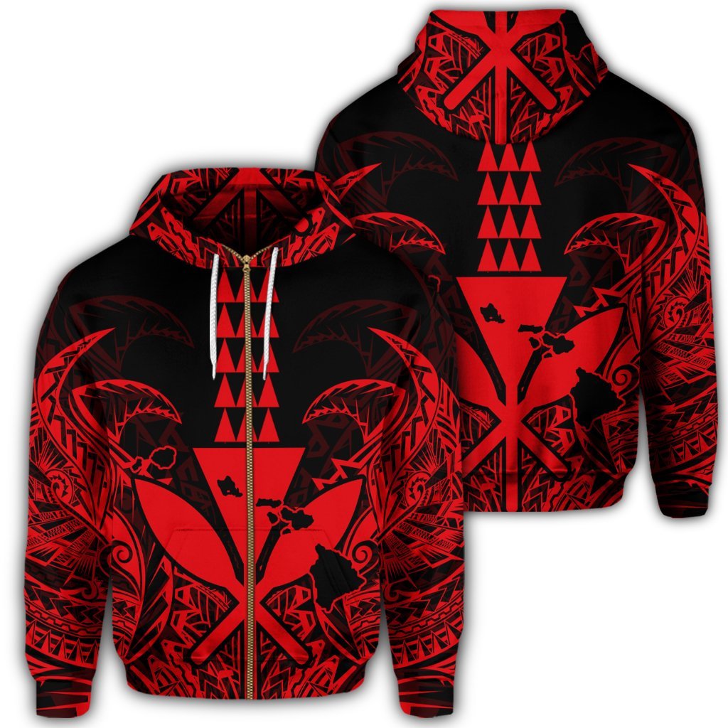 Hawaii Polynesian Zip Hoodie Kanaka Kakau Alan Style Red Unisex Art - Polynesian Pride