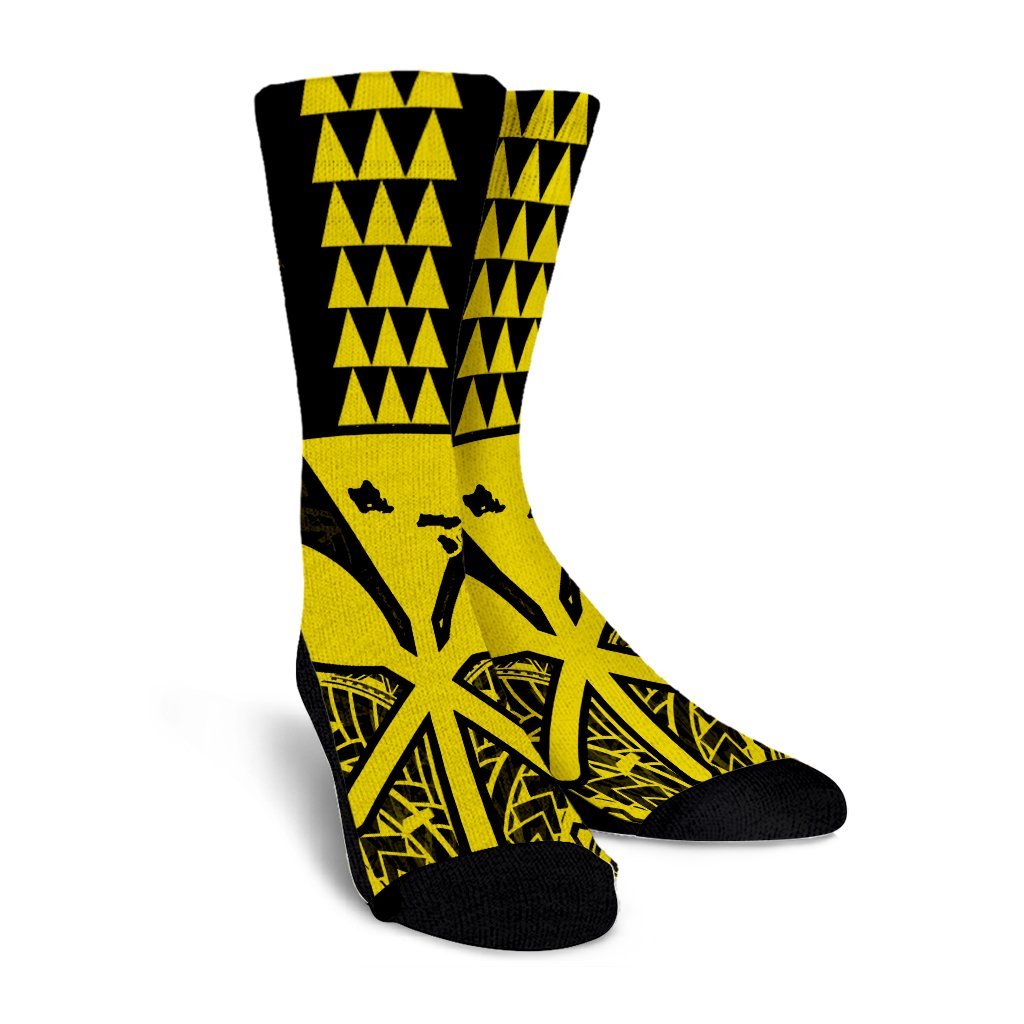 Hawaii Polynesian Kanaka Kakau Crew Socks - Alan Style Yellow - AH - Polynesian Pride