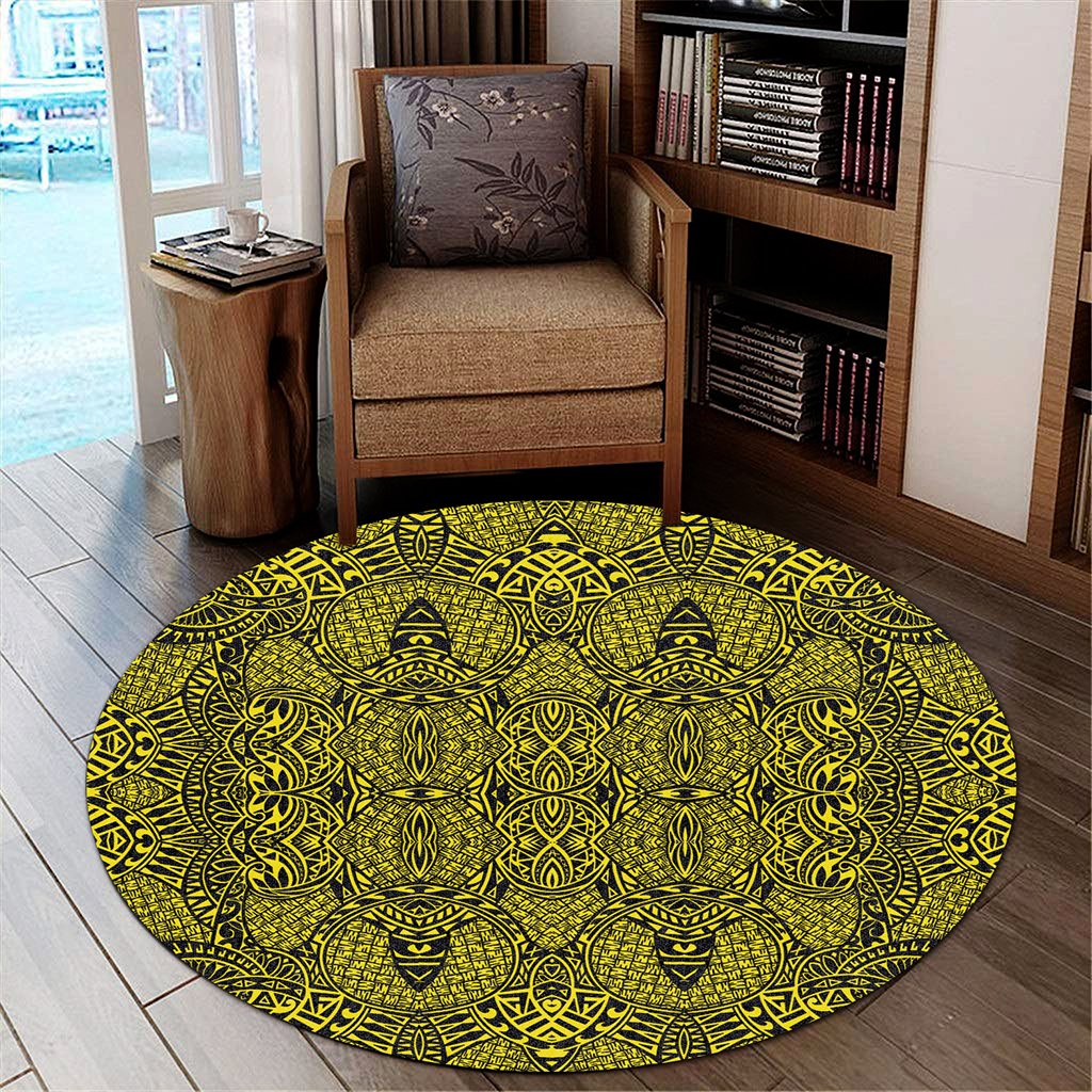 Hawaii Polynesian Lauhala Mix Yellow Round Carpet - AH Round Carpet Luxurious Plush - Polynesian Pride