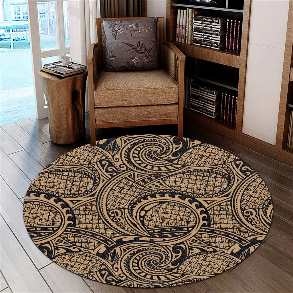 Hawaii Polynesian Maori Lauhala Gold Round Carpet - AH Round Carpet Luxurious Plush - Polynesian Pride