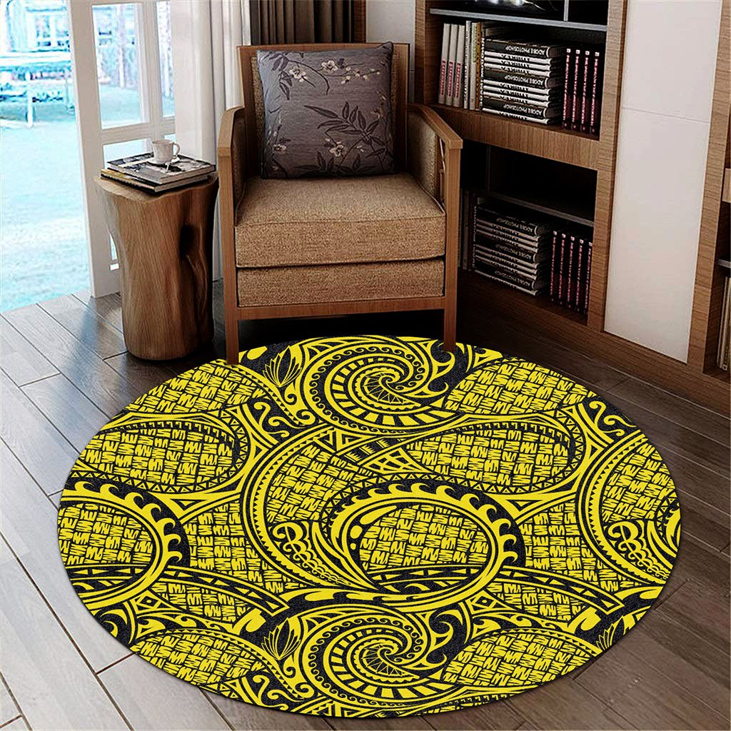 Hawaii Polynesian Maori Lauhala Yellow Round Carpet - AH Round Carpet Luxurious Plush - Polynesian Pride