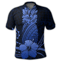 Hawaii Polynesian Pineapple Hibiscus Polo Shirt Blue - Polynesian Pride