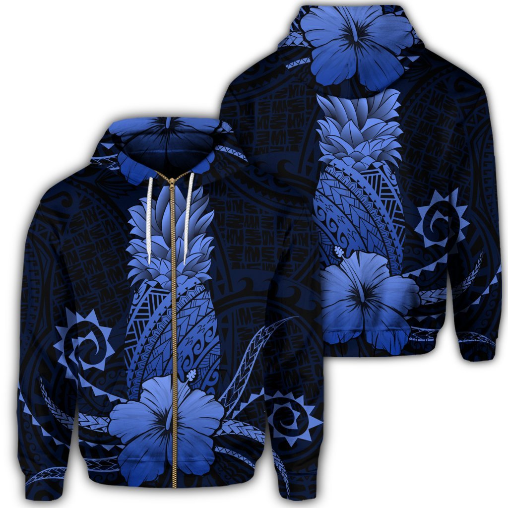 Hawaii Polynesian Zip Hoodie Pineapple Hibiscus Blue Unisex Art - Polynesian Pride