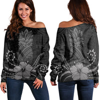 Hawaii Polynesian Pineapple Hibiscus Women's Off Shoulder Sweater - Gray - AH Black - Polynesian Pride