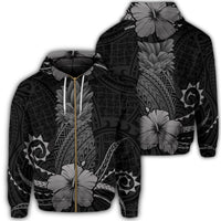 Hawaii Polynesian Zip Hoodie Pineapple Hibiscus Gray Unisex Art - Polynesian Pride