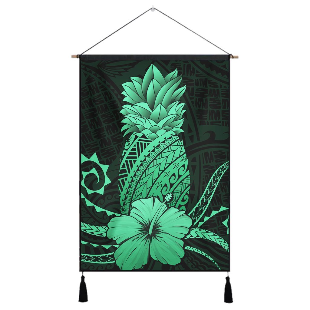 Hawaii Polynesian Pineapple Hibiscus Hanging Poster - Green - AH Hanging Poster Cotton And Linen - Polynesian Pride