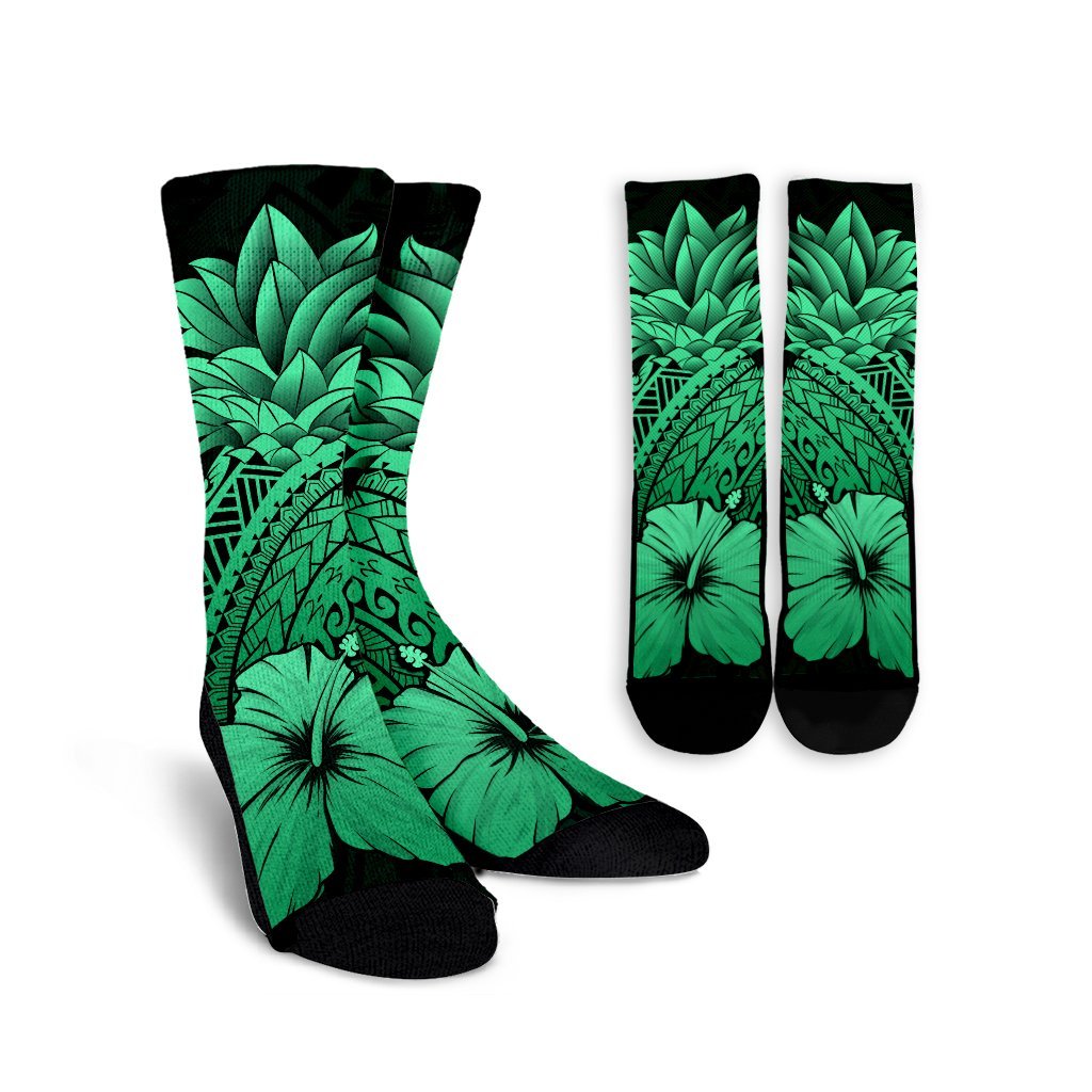 Hawaii Polynesian Pineapple Hibiscus Crew Socks - Green - AH Crew Socks White - Polynesian Pride