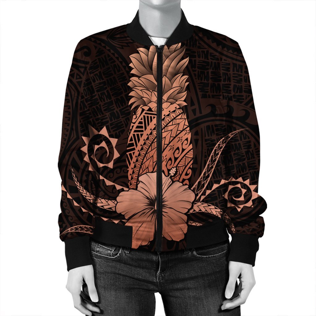 Hawaii Polynesian Pineapple Hibiscus Bomber Jacket - Orange - AH - Polynesian Pride