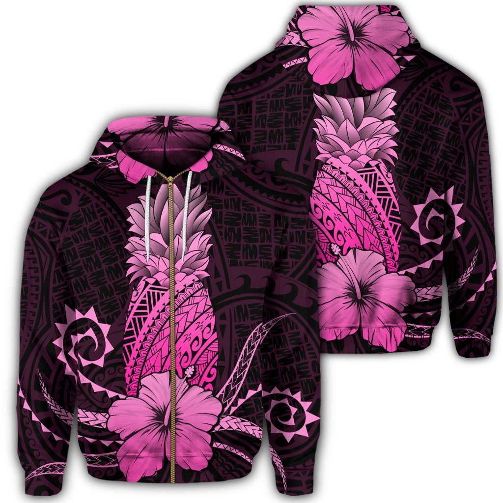 Hawaii Polynesian Zip Hoodie Pineapple Hibiscus Pink Unisex Art - Polynesian Pride