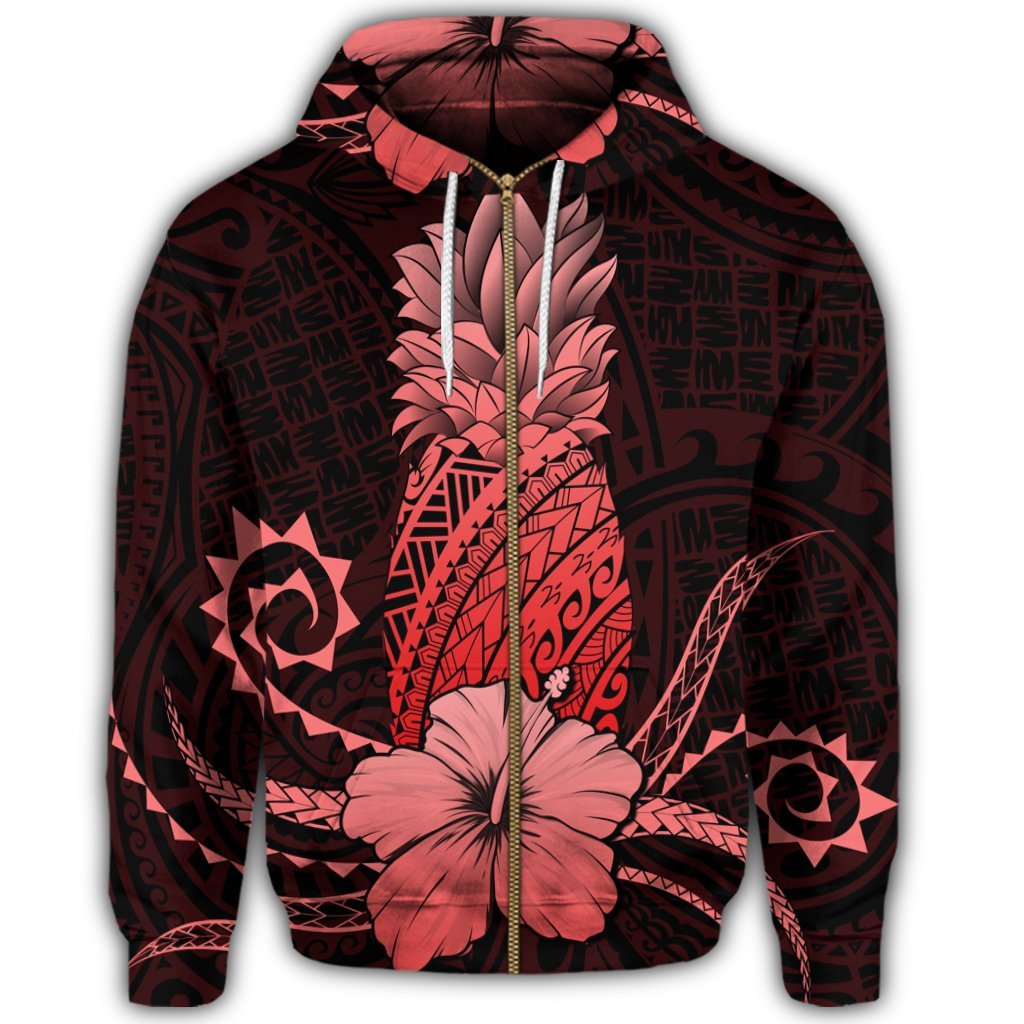 Hawaii Polynesian Zip Hoodie Pineapple Hibiscus Red - Polynesian Pride