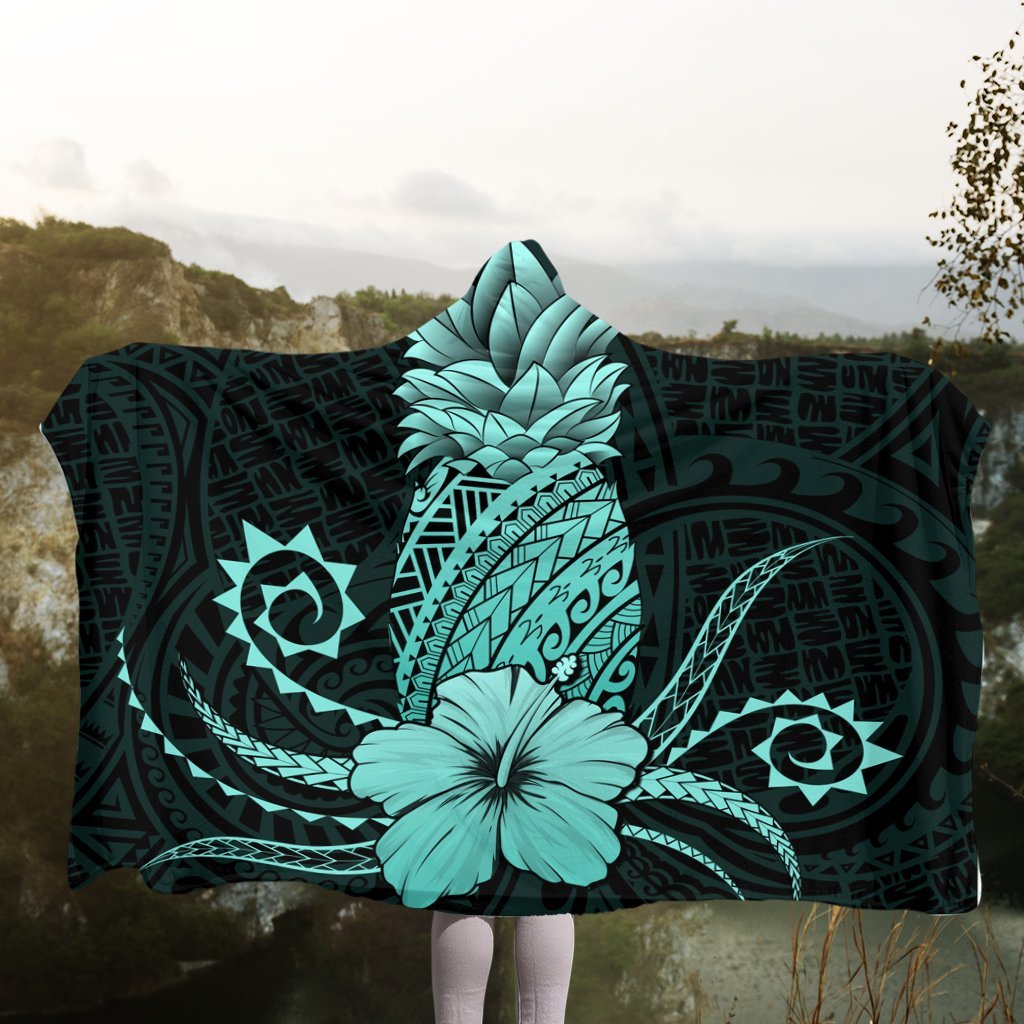 Hawaii Polynesian Pineapple Hibiscus Hooded Blanket - Turquoise - AH - Polynesian Pride