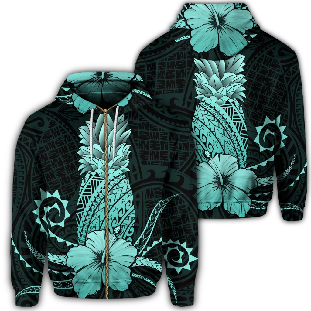 Hawaii Polynesian Zip Hoodie Pineapple Hibiscus Turquoise Unisex Art - Polynesian Pride