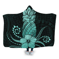 Hawaii Polynesian Pineapple Hibiscus Hooded Blanket - Turquoise - AH Hooded Blanket White - Polynesian Pride