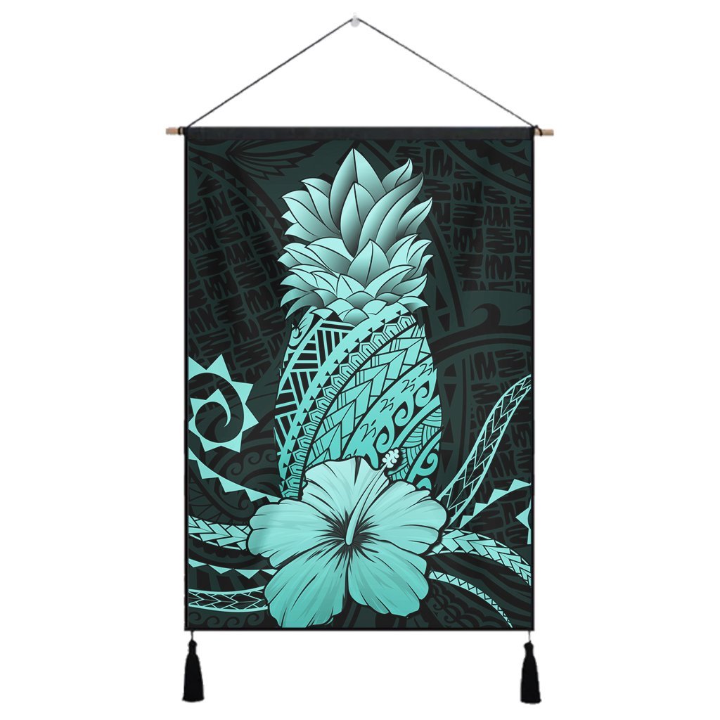Hawaii Polynesian Pineapple Hibiscus Hanging Poster - Turquoise - AH Hanging Poster Cotton And Linen - Polynesian Pride