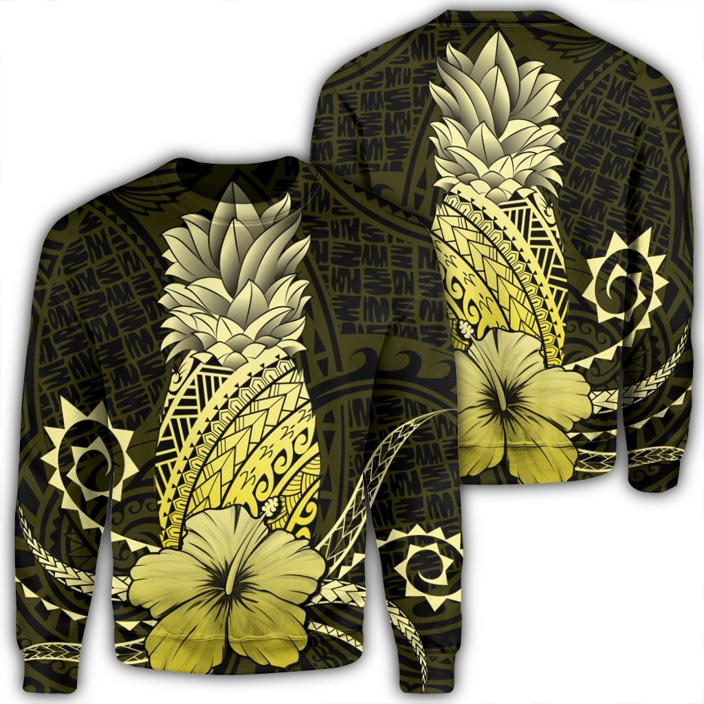 Hawaii Polynesian Pineapple Hibiscus Sweatshirt - Yellow - AH Unisex Black - Polynesian Pride